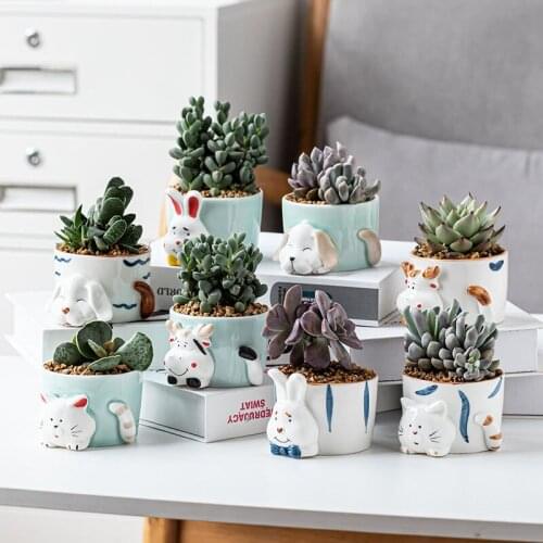 Cartoon animal ceramic flowerpot decoration creative combination plant potted simple and fresh hand-painted celadon flowerpot