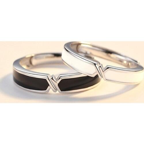2Pcs Black and White Lovers Knot Ring Bands Kit Couples Matching Rings Jewelry R7RF