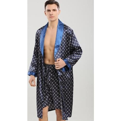 Two Piece PJS Set Men Pajamas Casual Print Satin Sleepwear Robe&Shorts Faux Silk Pijamas Soft Home Clothes Kimono Bathrobe Gown