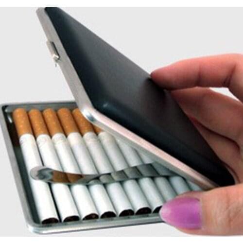 Black Leather Cigarette Case Metal (Full Pack 20s) Clamshell Anti-Pressure Clip Open Retro Tobacco Scroll Box Holder