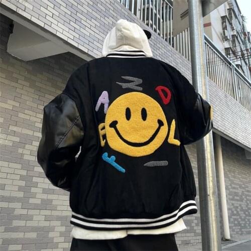 Mens Patchwork Baseball Jackets Hip Pop Harajuku Bomber Coats Smiley Face Oversized Embroidery Couple PU Leather Streetwear