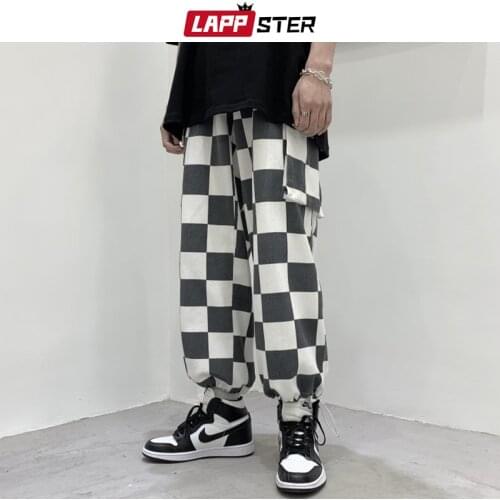 LAPPSTER Men Plaid Pockets Joggers Pants 2021 Mens Black Japanese Streetwear Sweatpants Male Korean Fashions Baggy Sweat Pants