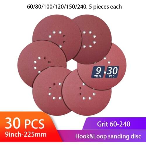9 Inch 8 Hole Sanding Discs 30 PCS Assorted Hook and Loop Sandpaper Orbital Sander Pads 5 pcs of Each 60 80 100 150 180 240 Grit