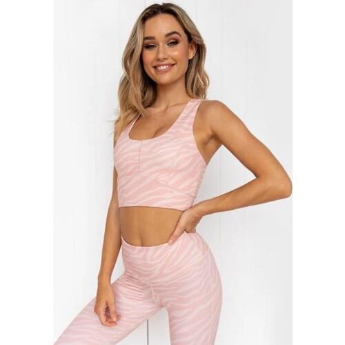 New European-American style pink striped digital print yoga fitness suit 2PCS