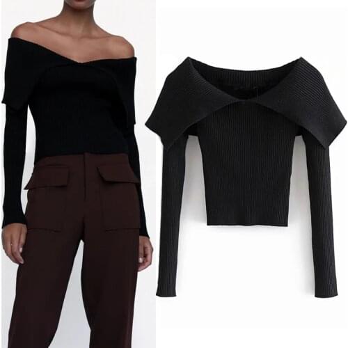 Za Fall Black Fitted Cropped Knitted Sweater Woman 2020 Fashion Long Sleeves Off Shoulder Sweaters Woman Slim Sexy Pullover