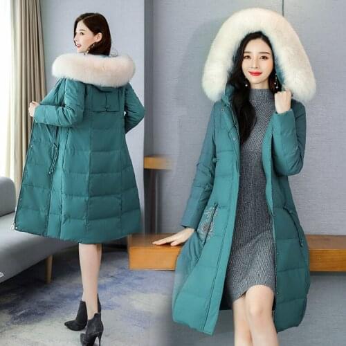 Abrigos Chinese Style Embroidery Slim Mid-length Down Cotton Coats Women Winter New Thickened Warm Big Fur Collar Overcoat Z591