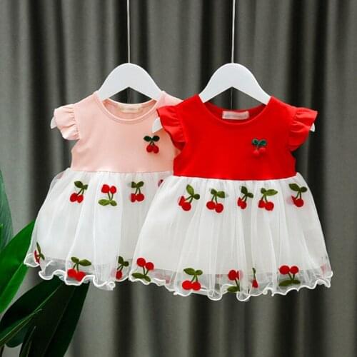 Baby Girls Dress 2021 New Summer Cotton Cherry Embroidery Dresses Newborn Mesh Tutu Dresses Infant Princess Party Clothes 0-2Y