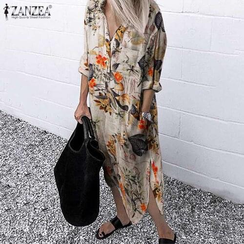 ZANZEA Vintage Women Long Sleeve Floral Sundress Autumn Cotton Linen Dress Retro Printed Midi Dress Casual Split Vestido Kaftan