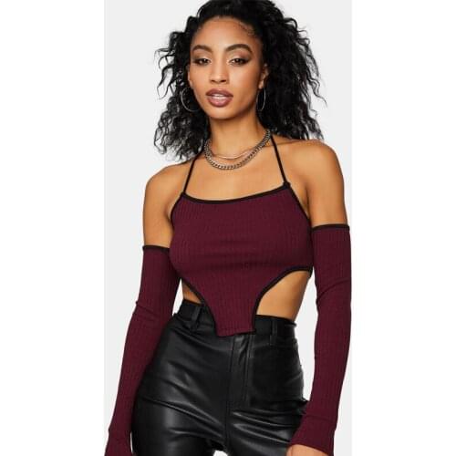 Ribbed Knitted Women Halter Irregular Crop Top Gloves Bodycon Sexy Streetwear Party Club Elegant 2021 Summer Clothes