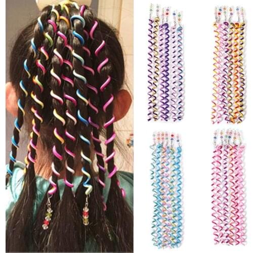 Novelty 6PCS Magic Hair Curler Spiral Rainbow Headbands Roller Curl Hair Rope DIY Hair Crystal Long Elastic Hair Bands For Child