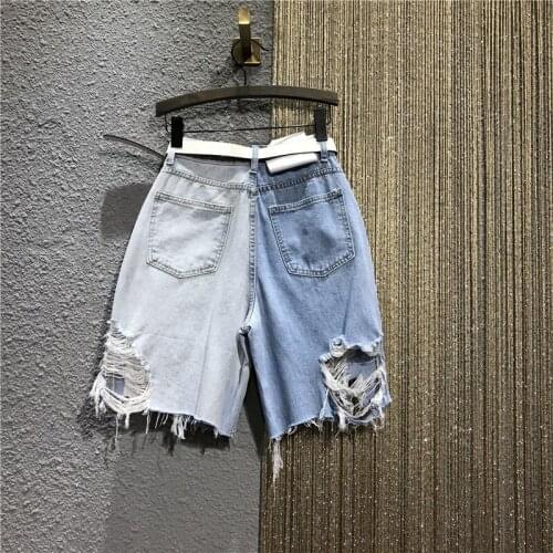 Hole Ripped Short Jeans Women Summer High Waist Straight Tassel Knee Length Shorts Sweet Casual Thin Denim Shorts Female S-XL