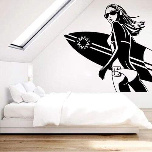Sexy Girl Wall Sticker Beach Style Decal Surfer Girls Room Wall Decor Bedroom Decoration Surfboard Stickers Living Room Mural