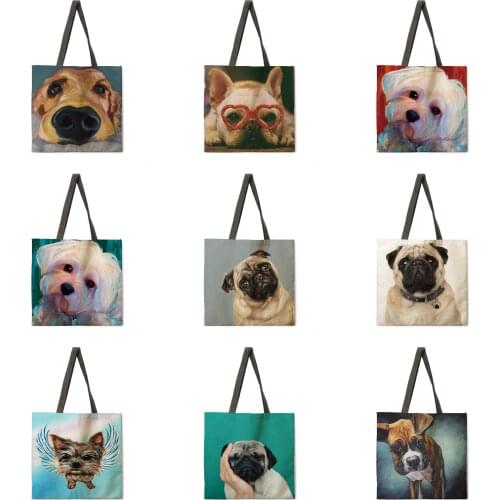 Folding shopping bag oil painting dog lady shoulder bag female leisure handbag outdoor beach bag female tote bag