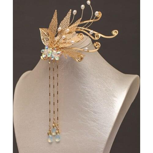 New Retro Luxury Gold Color Metal Leaf Tassel Hairpins Clips Ancient Chinese Wedding Bride Noiva Hair Styling Jewelry FORSEVEN