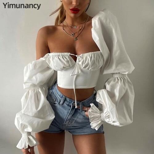 Yimunancy Puff Sleeve Crop Top Women Lace Up Elegant Top 2021 Summer Ladies White Blouse