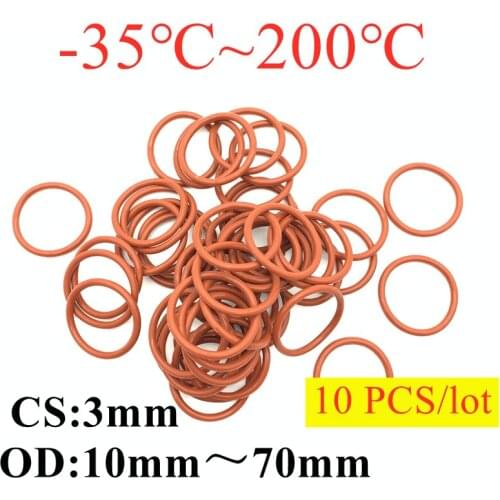 10pcs Red VMQ Silicone O Ring CS 3mm OD 10 ~ 70mm FoodGrade Waterproof Washer Rubber Insulated Round Shape Seal Gasket