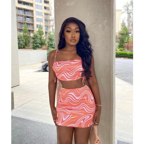 Womens Summer Striped Print Skirts 2 Piece Outfits Sexy Sling Bandgage Vest Crop Top + Mini Skirts Bodycon Club Two Piece Set