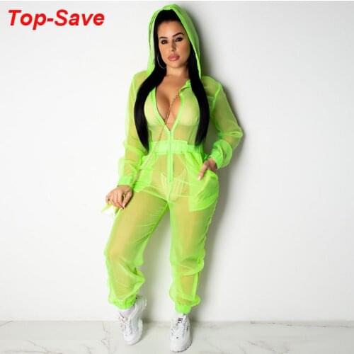 Fashion Sexy Casual Deep V-neck Long Sleeve Rompers Women Hooded Loose Jumpsuits For Women 2019 New Summer Mesh Bodycon Overalls