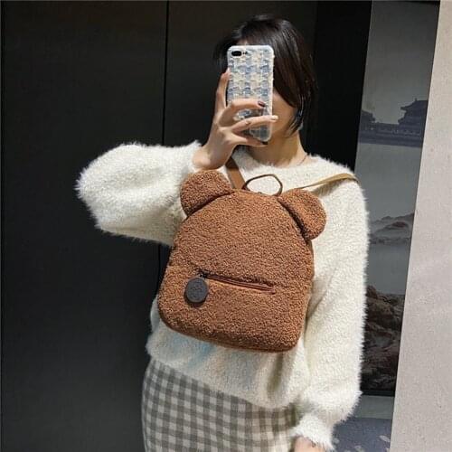 Womens Bagpack Cute Bear Shaped Shoulder Backpack Portable Children Travel Shopping Rucksacks Casual Autumn Winter Lamb Fleece