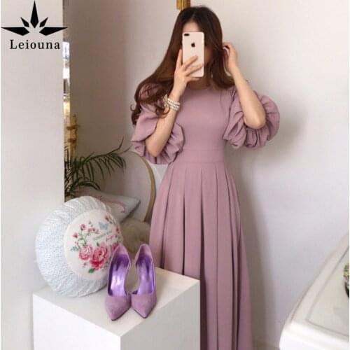 Leiouna Pleated Skirt Bandage Puff Sleeve Spring 2021 New Midi Dress Women Elegant A-Line Temperament Female Vestidos Dress