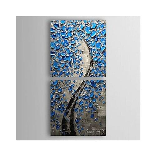 2 pcs Hand Painted Canvas Painting-Lucky Blue-Floral Oil Painting Wall Art-Modern Canvas Art Wall Decor