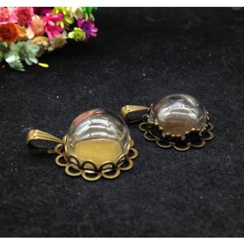5sets/lot15mm charm half 15mm glass bubble double lace/crown base & connector & Necklace set glass globe DIY glass vials pendant