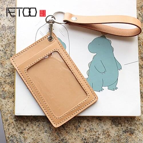 AETOO Handmade head cowhide card set tanning leather Bus card pack Retro Keychain Work card set