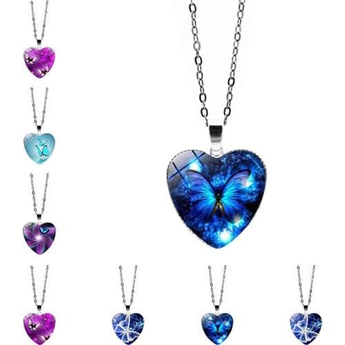 Butterfly Heart Necklace Vintage Butterfly Glass Heart Pendant Necklace Vintage Flowers Jewelry Handmade Gifts For Friends
