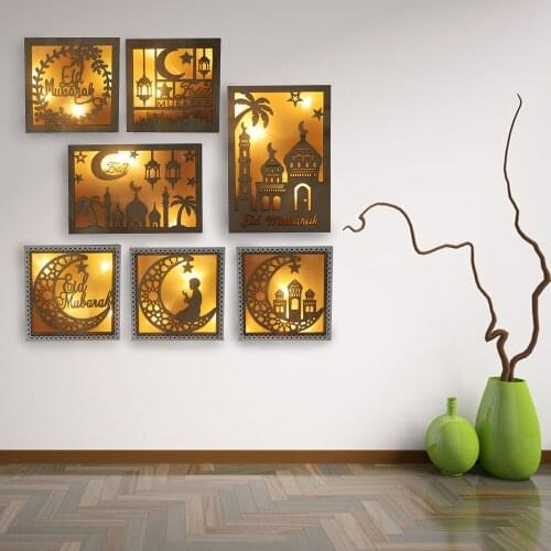 Wooden DIY Led Light Ramadan Mubarak Decoration for Home Eid Mubarak Hanging Pendant Kareem Muslim Party Craft Supplies