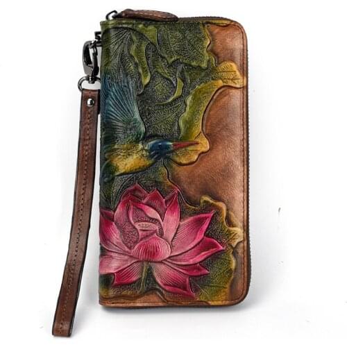 Tree cream Genuine leather long wallet Europe and America zipper wallet retro flower pattern multi-card holder leather wallet