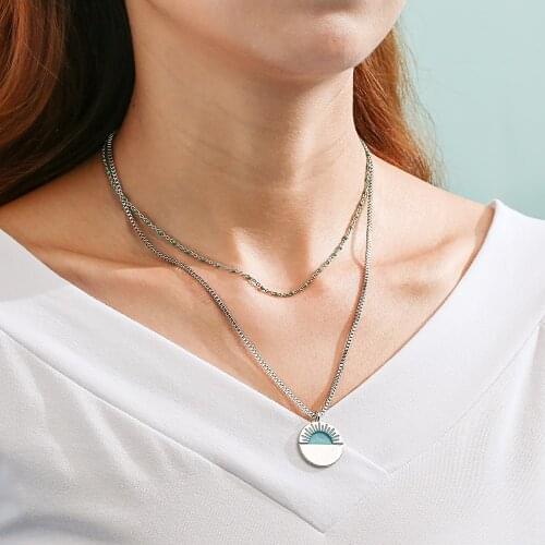 Double Layer Blue Stone Necklace Fashion Sun Beads Chain Pendant Necklace Women Sweater Chain Jewelry On Neck Accessories 2020