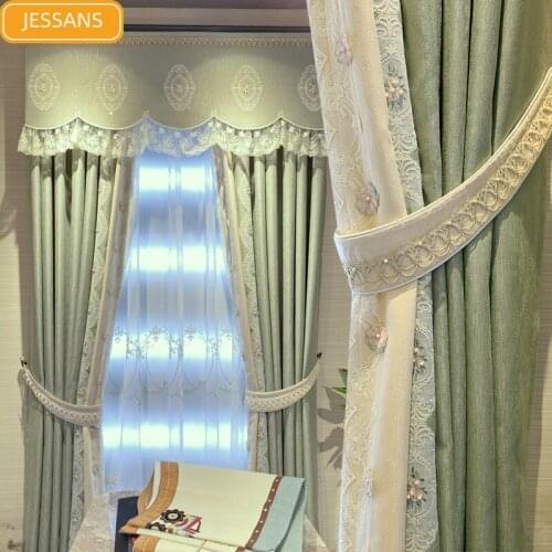 French Light Luxury Princess Style Green Chenille Pearl Lace Stitching Blackout Curtains Living Room for Bedroom Custom Gauze