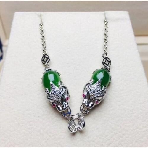Natural Hetian Green Jade Animal Head Shape Jasper Noodle Silver Bracelet For Women Jewelry Temperament