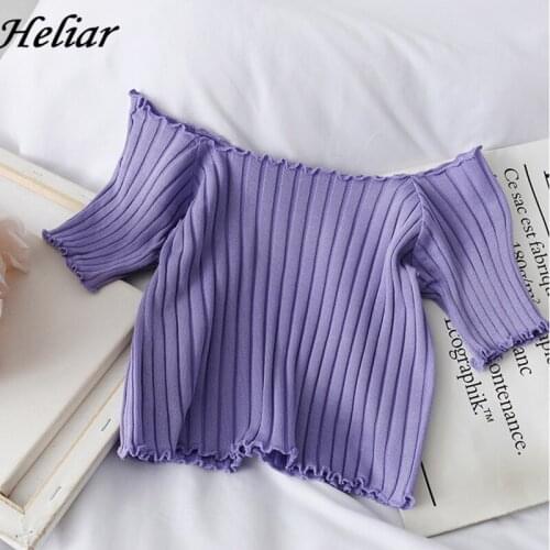 HELIAR Women Summer Plain T-shirts Square Neck Crop Tops Knitting T-shirts Ruffles Hem Short Sleeve Crop Tee