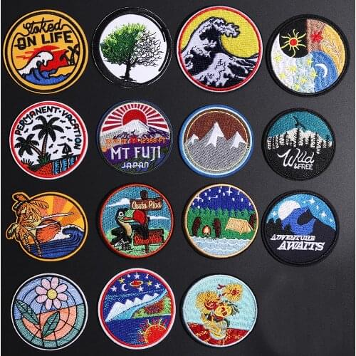 Fine chrysanthemum round oil painting, Camping bear, iron embroidery applique on Mount, Japan Fuji patches, Diy night vision