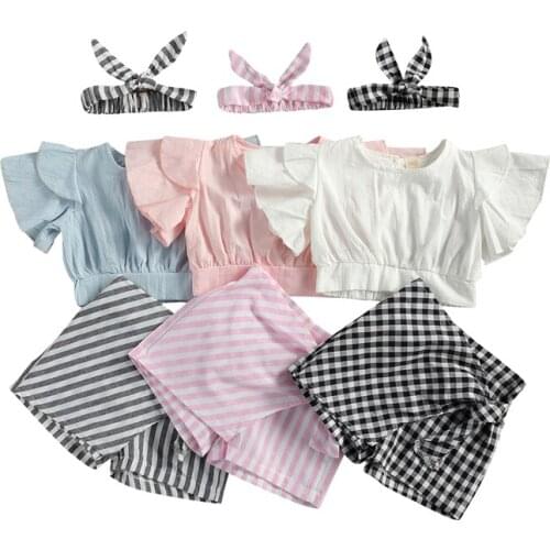 Fashion Infant Baby Girls Clothes Sets 3pcs Ruffles Flying Sleeve T Shirts Tops Striped/Plaid Shorts Headband 1-5Y