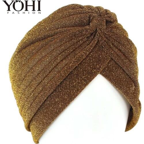 Fashion Ladies Pink Gold Plain Shiny Shimmer Glitter Sparkly Indian Turban Hats Cap Muslim turban Hijab