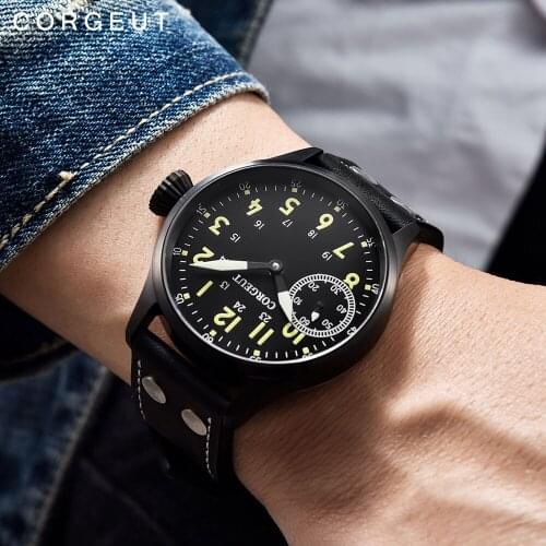 Corgeut 44mm Fashion Mechanical Men Watch 17 Jewels Hand Winding 6497 ST3600 Luminous Leather Strap Wristwatch Men