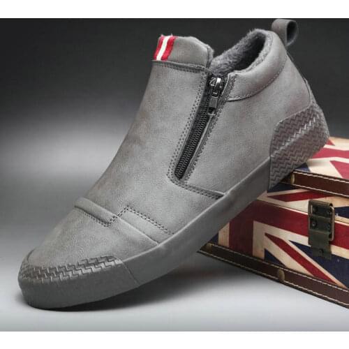 Men Casual Flats Shoes Leather Fashion All black Sneakers Men Zapatos Hombre loafers driving shoes Winter warm fur A21-8383