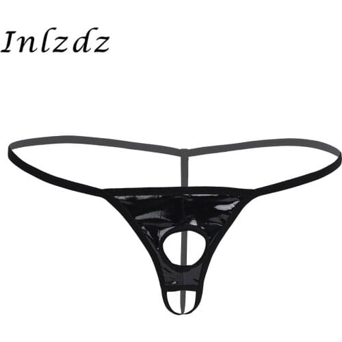 Mens Erotic Lingerie Underwear Patent Leather Panties G-string Thong Bikini Gay Underwear Underpants with Penis Holes for Sex