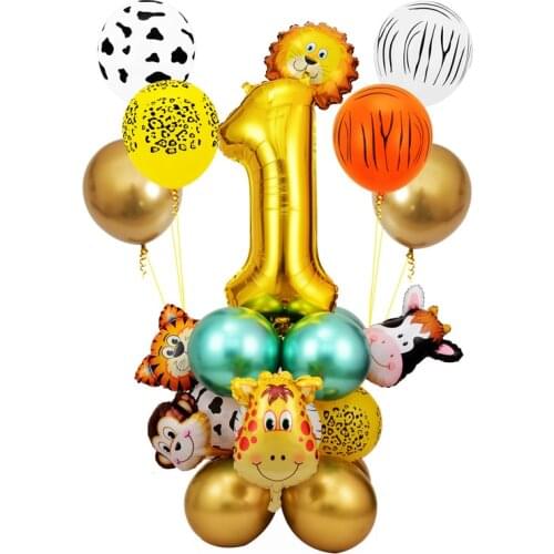 Jungle Animal Monkey Lion Balloon Set Metallic Balloon Number 1 2 3 4 5 Happy Birthday Party Decorations Kids 1st Oh Baby Shower