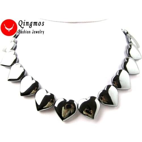 Qingmos 20mm Heart Super Luster Natural Black Hematite Necklace for Women 17" Chokers Jewelry Especial Effect for Help sleep