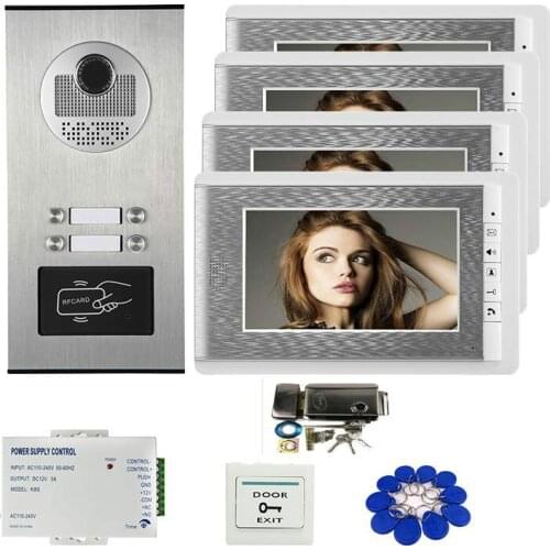 Wired 7" Monitor Video Door Phone Intercom System + RFID Access Doorbell Camera for 4 Family Apartment Electric Lock Free Ship