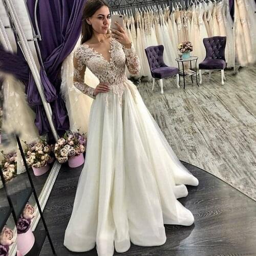 Vestido De Noiva 2020 Wedding Dresses Elegant with Illusion Long Sleeves V Neck Tulle A Line Lace Appliques Bridal Gowns