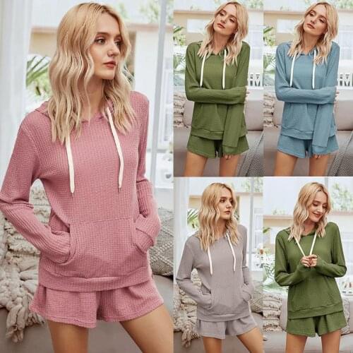 Hooded Long Sleeve Top+Shorts Suit Women Casual Solid Home 2 Piece Sets Outfits Sweatsuits For Female