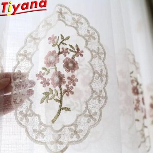 Pink Flower Embroidery Tulle Curtains for Living Room European Ladies Yarn Fresh White Tulle Voile Round Flower Tulle zss0032#40