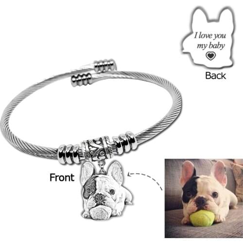 Unique Custom Bangles Pet Dog Photo Bracelets Stainless Steel Bangles Engrave Name Words Bracelet Women Jewelry Memorial Gift