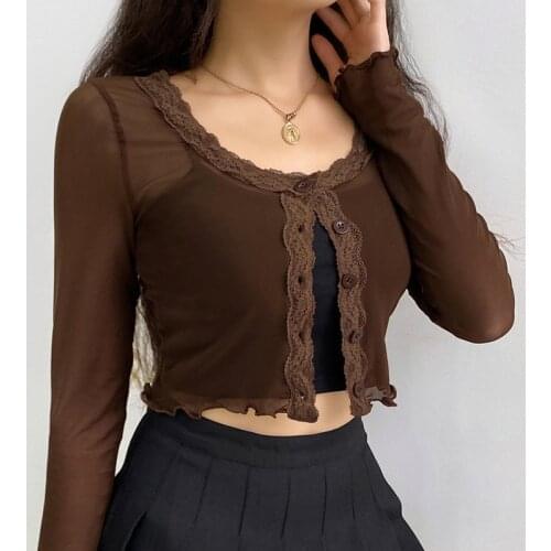 Y2K EGIRL Vintage Ruffles Mesh Brown T-shirts 90s Streetwear Square Collar Long Sleeve Tops Transparents Sexy Single-breasted