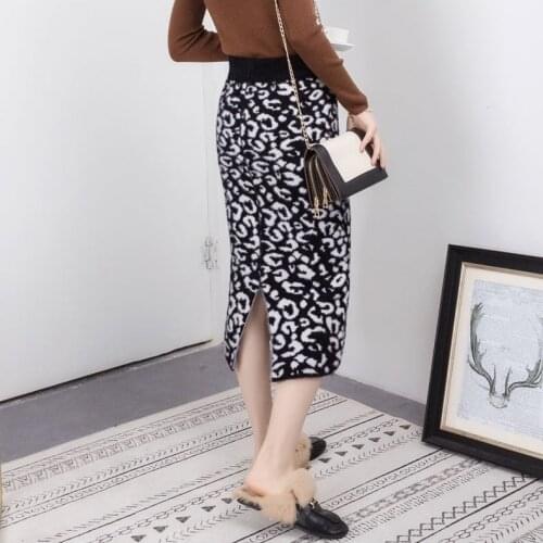 Winter fake mink fur thickened knitted skirt leopard print high waisted buttock mid length split one step skirt