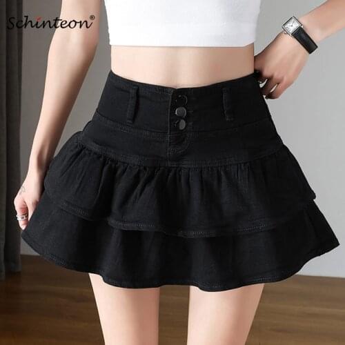 Schinteon Women Denim Mini Sexy Skirt High Waist Ruffles Pleated Short Black Skirt Party New 2021 Summer